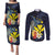 Hawaiian Whale and Kanaka Maoli Symbol Couples Matching Puletasi and Long Sleeve Button Shirt Hibiscus with Hawaii Map and Polynesian Tattoo Deep Sea Color