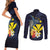 Hawaiian Whale and Kanaka Maoli Symbol Couples Matching Short Sleeve Bodycon Dress and Long Sleeve Button Shirt Hibiscus with Hawaii Map and Polynesian Tattoo Deep Sea Color