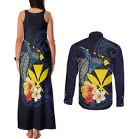 Hawaiian Whale and Kanaka Maoli Symbol Couples Matching Tank Maxi Dress and Long Sleeve Button Shirt Hibiscus with Hawaii Map and Polynesian Tattoo Deep Sea Color