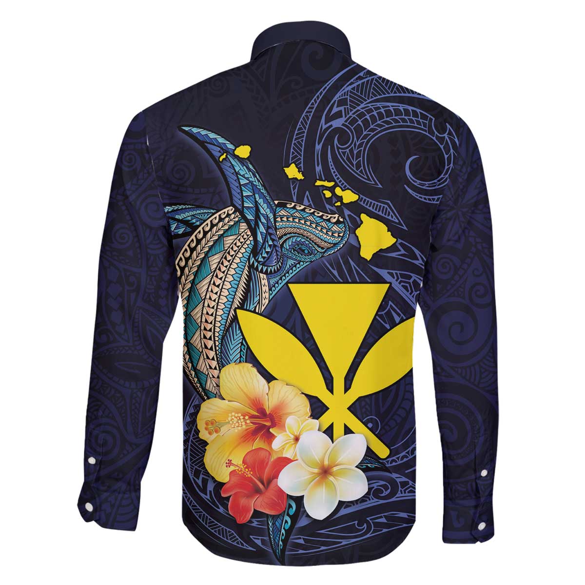 Hawaiian Whale and Kanaka Maoli Symbol Family Matching Off Shoulder Short Dress and Hawaiian Shirt Hibiscus with Hawaii Map and Polynesian Tattoo Deep Sea Color