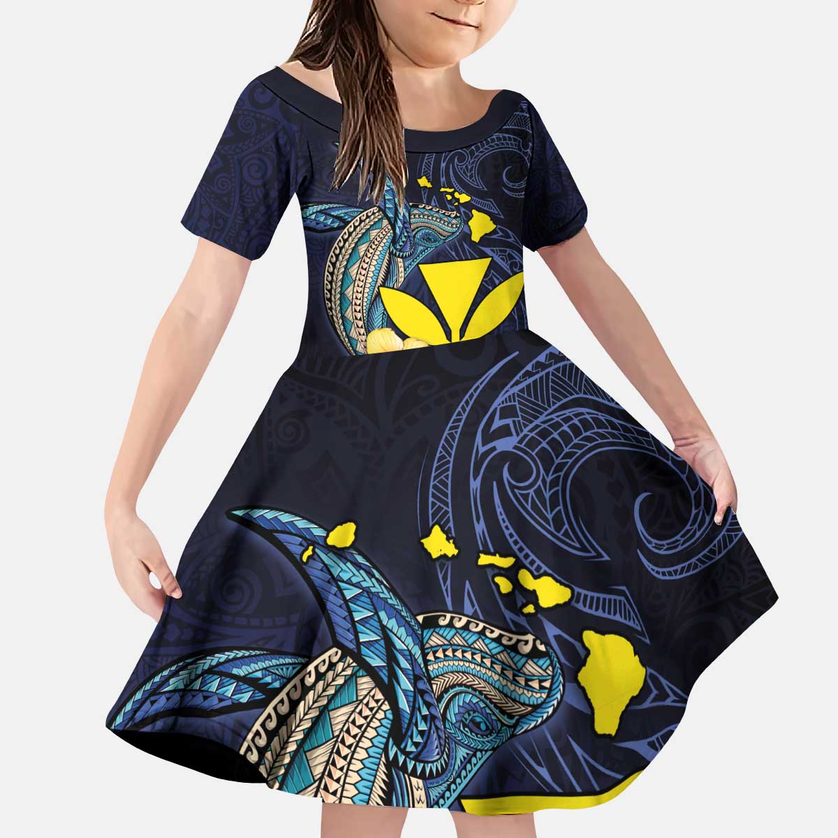 Hawaiian Whale and Kanaka Maoli Symbol Family Matching Puletasi and Hawaiian Shirt Hibiscus with Hawaii Map and Polynesian Tattoo Deep Sea Color