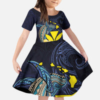 Hawaiian Whale and Kanaka Maoli Symbol Family Matching Puletasi and Hawaiian Shirt Hibiscus with Hawaii Map and Polynesian Tattoo Deep Sea Color