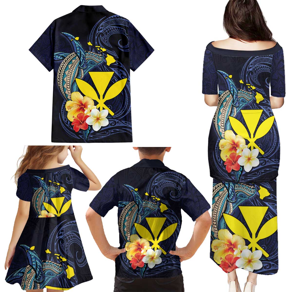 Hawaiian Whale and Kanaka Maoli Symbol Family Matching Puletasi and Hawaiian Shirt Hibiscus with Hawaii Map and Polynesian Tattoo Deep Sea Color