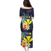 Hawaiian Whale and Kanaka Maoli Symbol Family Matching Puletasi and Hawaiian Shirt Hibiscus with Hawaii Map and Polynesian Tattoo Deep Sea Color