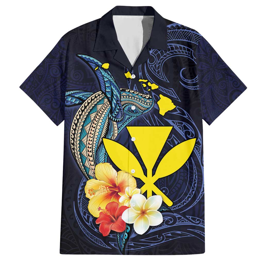 Hawaiian Whale and Kanaka Maoli Symbol Hawaiian Shirt Hibiscus with Hawaii Map and Polynesian Tattoo Deep Sea Color