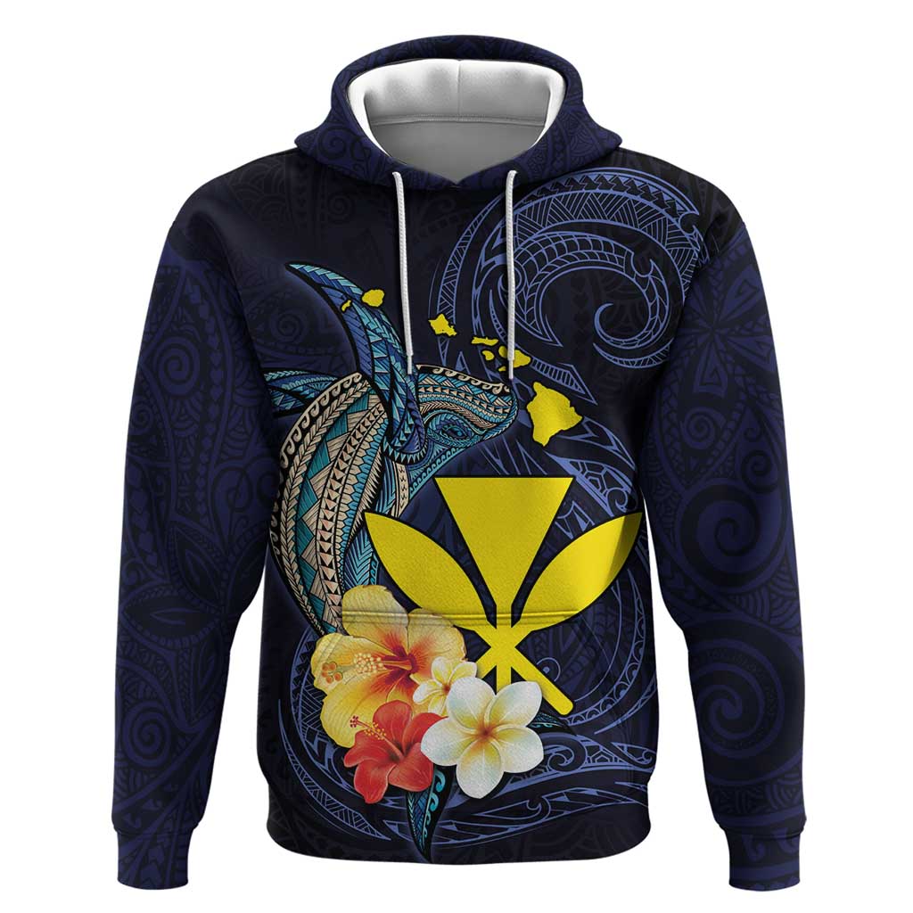 Hawaiian Whale and Kanaka Maoli Symbol Hoodie Hibiscus with Hawaii Map and Polynesian Tattoo Deep Sea Color