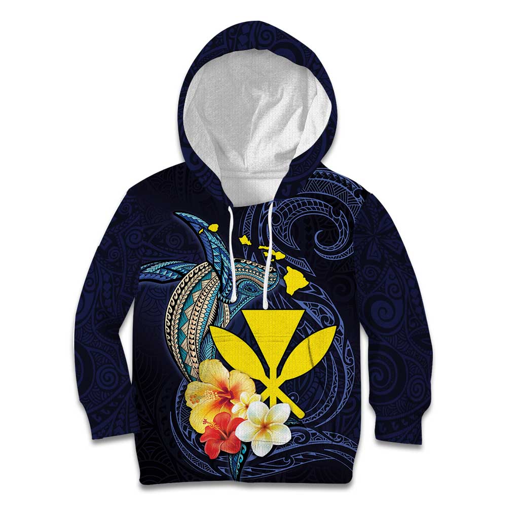 Hawaiian Whale and Kanaka Maoli Symbol Kid Hoodie Hibiscus with Hawaii Map and Polynesian Tattoo Deep Sea Color