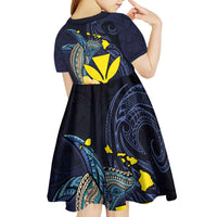 Hawaiian Whale and Kanaka Maoli Symbol Kid Short Sleeve Dress Hibiscus with Hawaii Map and Polynesian Tattoo Deep Sea Color