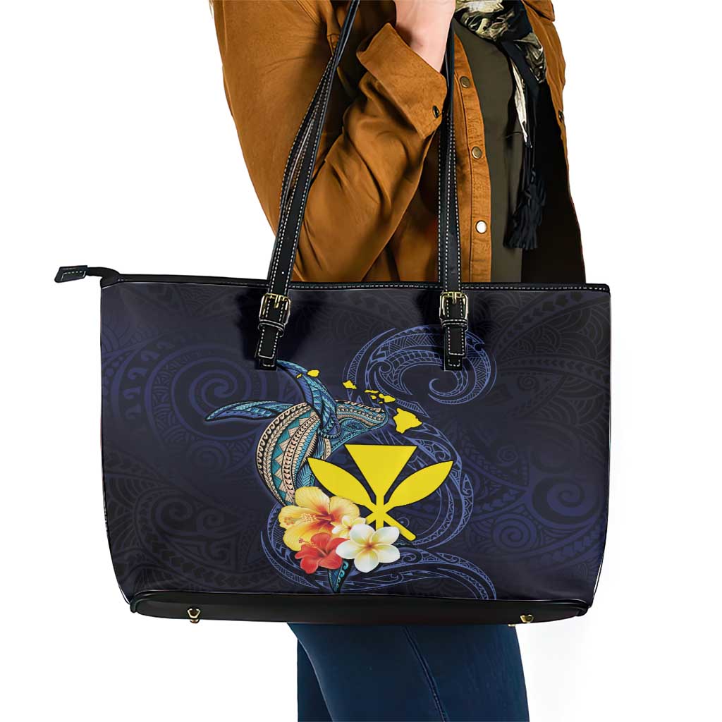 Hawaiian Whale and Kanaka Maoli Symbol Leather Tote Bag Hibiscus with Hawaii Map and Polynesian Tattoo Deep Sea Color