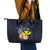 Hawaiian Whale and Kanaka Maoli Symbol Leather Tote Bag Hibiscus with Hawaii Map and Polynesian Tattoo Deep Sea Color