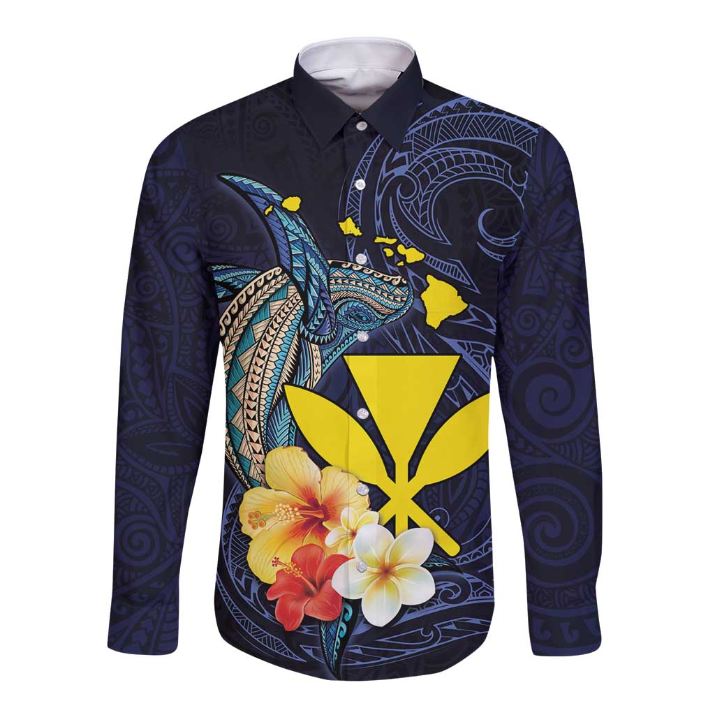 Hawaiian Whale and Kanaka Maoli Symbol Long Sleeve Button Shirt Hibiscus with Hawaii Map and Polynesian Tattoo Deep Sea Color LT03 Unisex Blue - Polynesian Pride