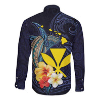 Hawaiian Whale and Kanaka Maoli Symbol Long Sleeve Button Shirt Hibiscus with Hawaii Map and Polynesian Tattoo Deep Sea Color LT03 - Polynesian Pride