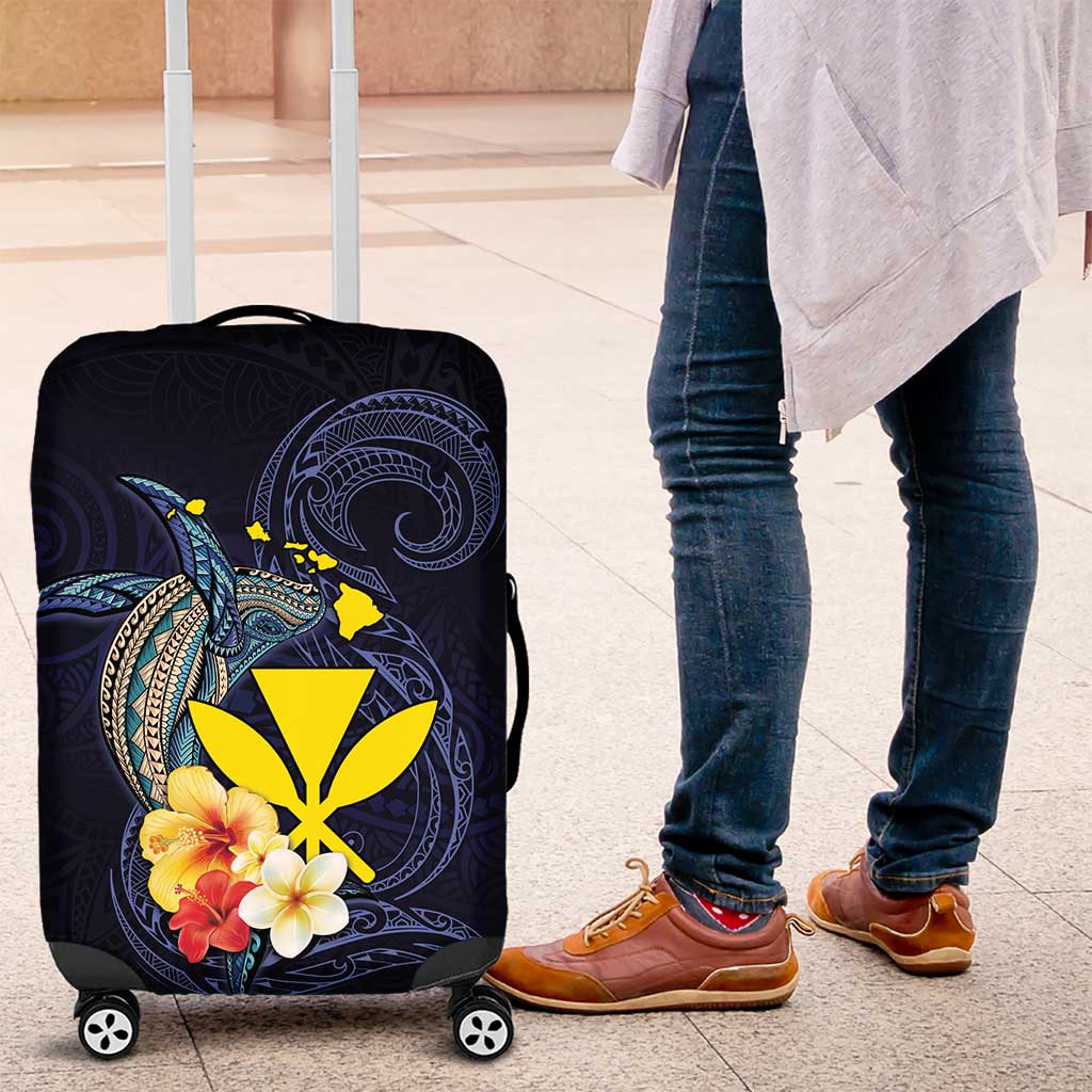 Hawaiian Whale and Kanaka Maoli Symbol Luggage Cover Hibiscus with Hawaii Map and Polynesian Tattoo Deep Sea Color