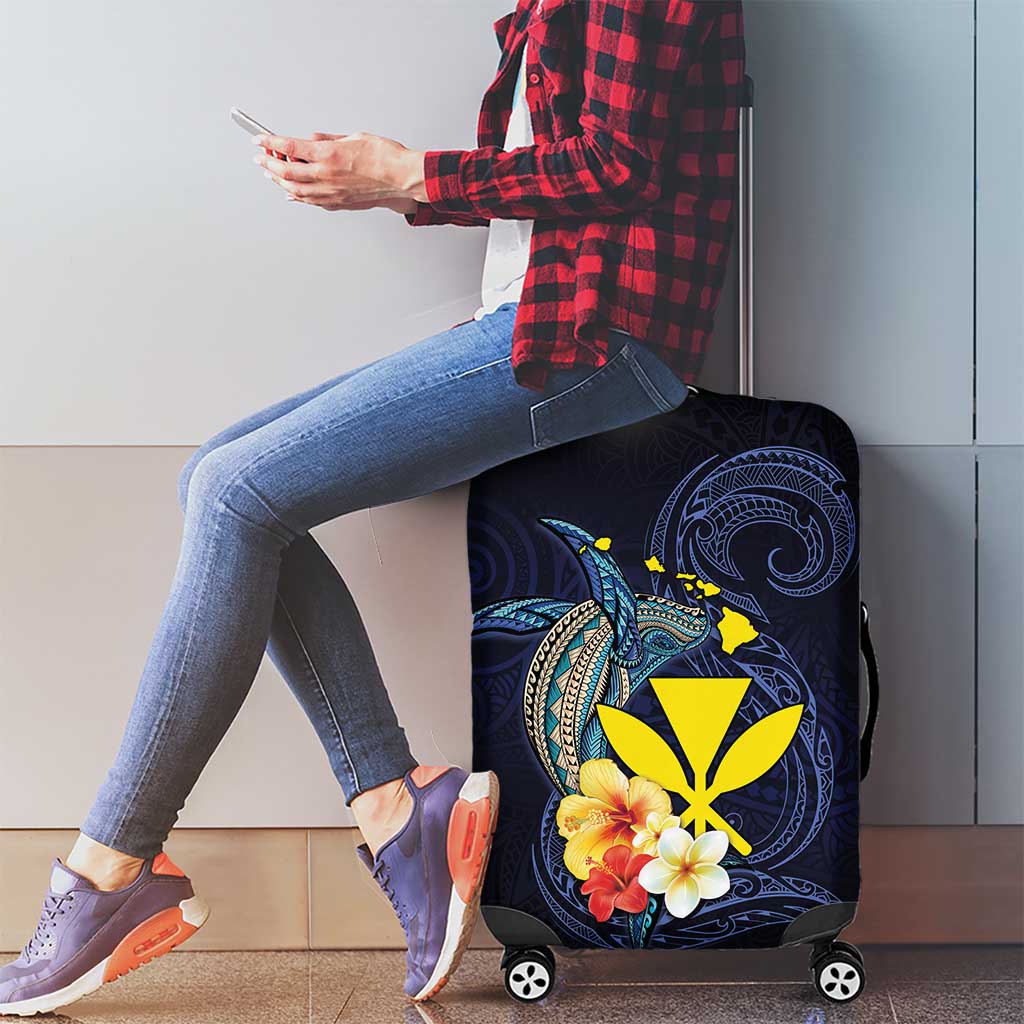 Hawaiian Whale and Kanaka Maoli Symbol Luggage Cover Hibiscus with Hawaii Map and Polynesian Tattoo Deep Sea Color