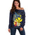 Hawaiian Whale and Kanaka Maoli Symbol Off Shoulder Sweater Hibiscus with Hawaii Map and Polynesian Tattoo Deep Sea Color