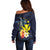 Hawaiian Whale and Kanaka Maoli Symbol Off Shoulder Sweater Hibiscus with Hawaii Map and Polynesian Tattoo Deep Sea Color