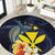 Hawaiian Whale and Kanaka Maoli Symbol Round Carpet Hibiscus with Hawaii Map and Polynesian Tattoo Deep Sea Color