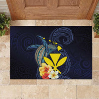 Hawaiian Whale and Kanaka Maoli Symbol Rubber Doormat Hibiscus with Hawaii Map and Polynesian Tattoo Deep Sea Color