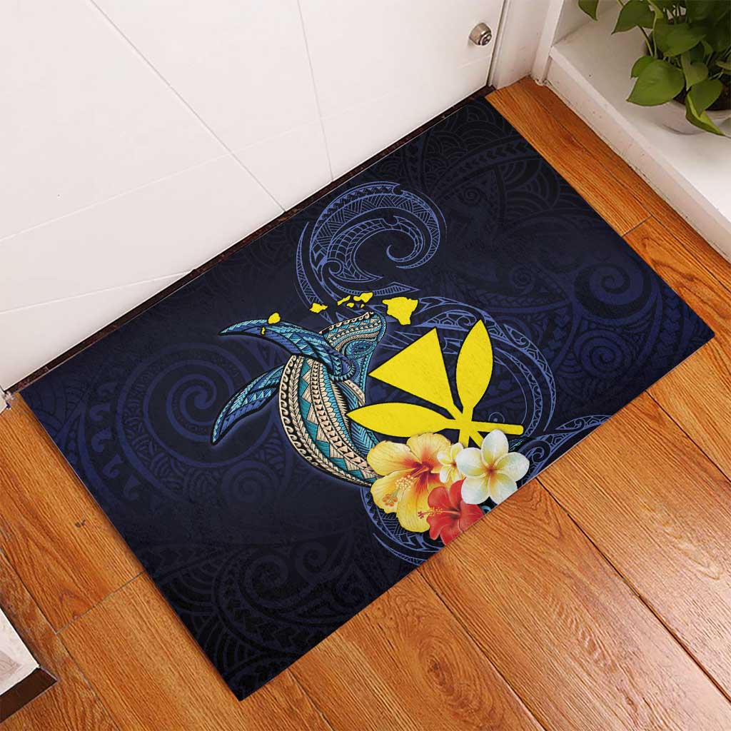 Hawaiian Whale and Kanaka Maoli Symbol Rubber Doormat Hibiscus with Hawaii Map and Polynesian Tattoo Deep Sea Color