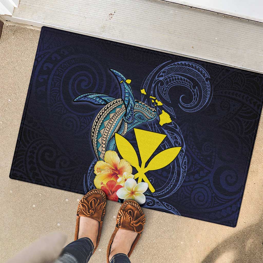 Hawaiian Whale and Kanaka Maoli Symbol Rubber Doormat Hibiscus with Hawaii Map and Polynesian Tattoo Deep Sea Color