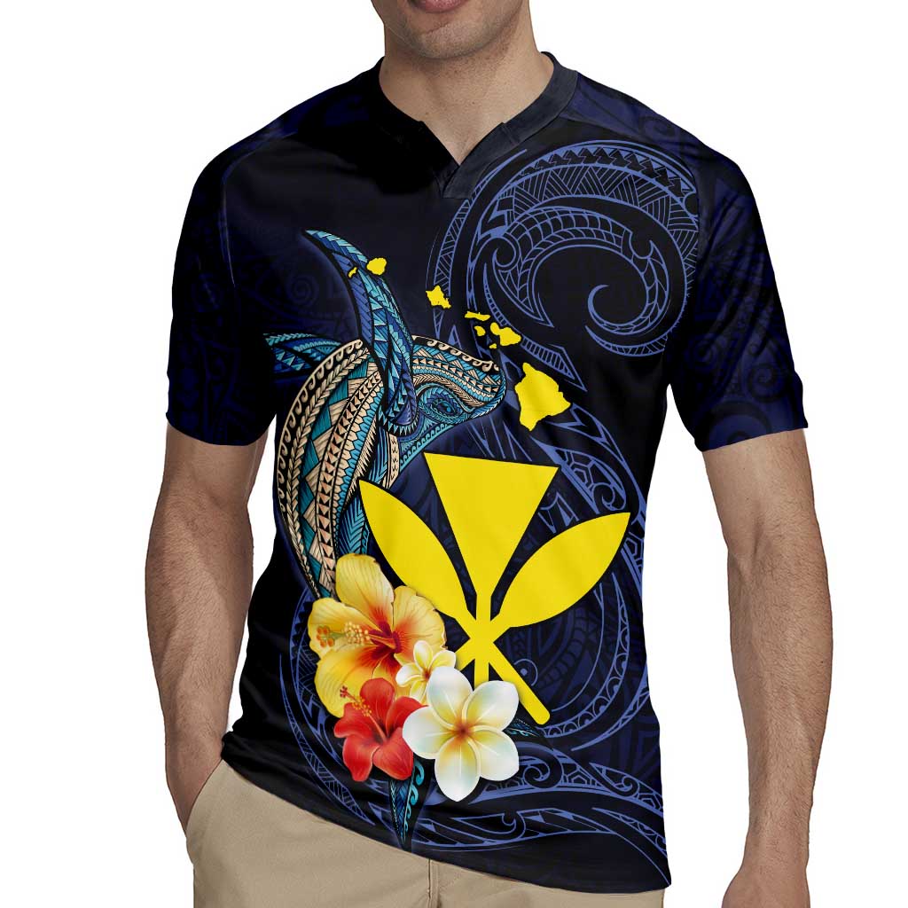Hawaiian Whale and Kanaka Maoli Symbol Rugby Jersey Hibiscus with Hawaii Map and Polynesian Tattoo Deep Sea Color