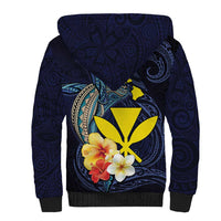 Hawaiian Whale and Kanaka Maoli Symbol Sherpa Hoodie Hibiscus with Hawaii Map and Polynesian Tattoo Deep Sea Color