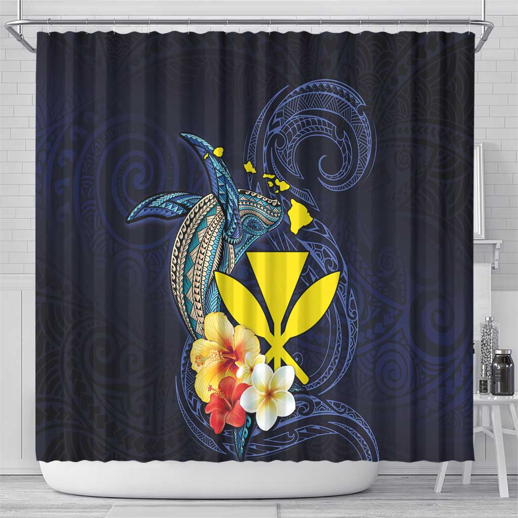 Hawaiian Whale and Kanaka Maoli Symbol Shower Curtain Hibiscus with Hawaii Map and Polynesian Tattoo Deep Sea Color