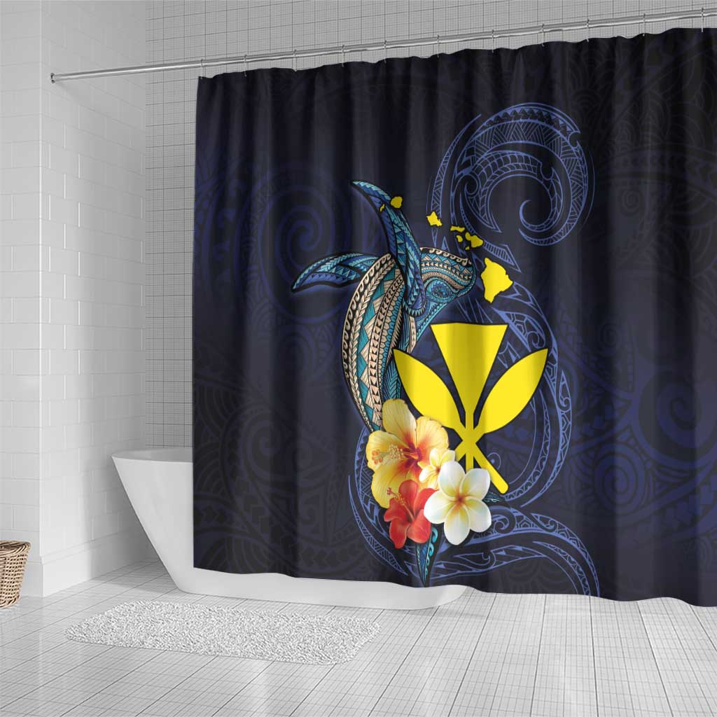 Hawaiian Whale and Kanaka Maoli Symbol Shower Curtain Hibiscus with Hawaii Map and Polynesian Tattoo Deep Sea Color