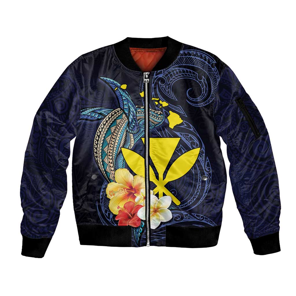 Hawaiian Whale and Kanaka Maoli Symbol Sleeve Zip Bomber Jacket Hibiscus with Hawaii Map and Polynesian Tattoo Deep Sea Color