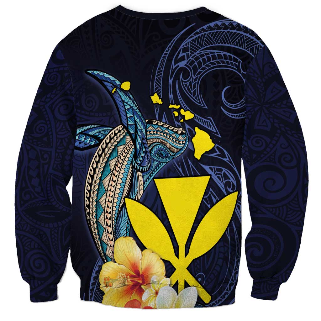 Hawaiian Whale and Kanaka Maoli Symbol Sweatshirt Hibiscus with Hawaii Map and Polynesian Tattoo Deep Sea Color