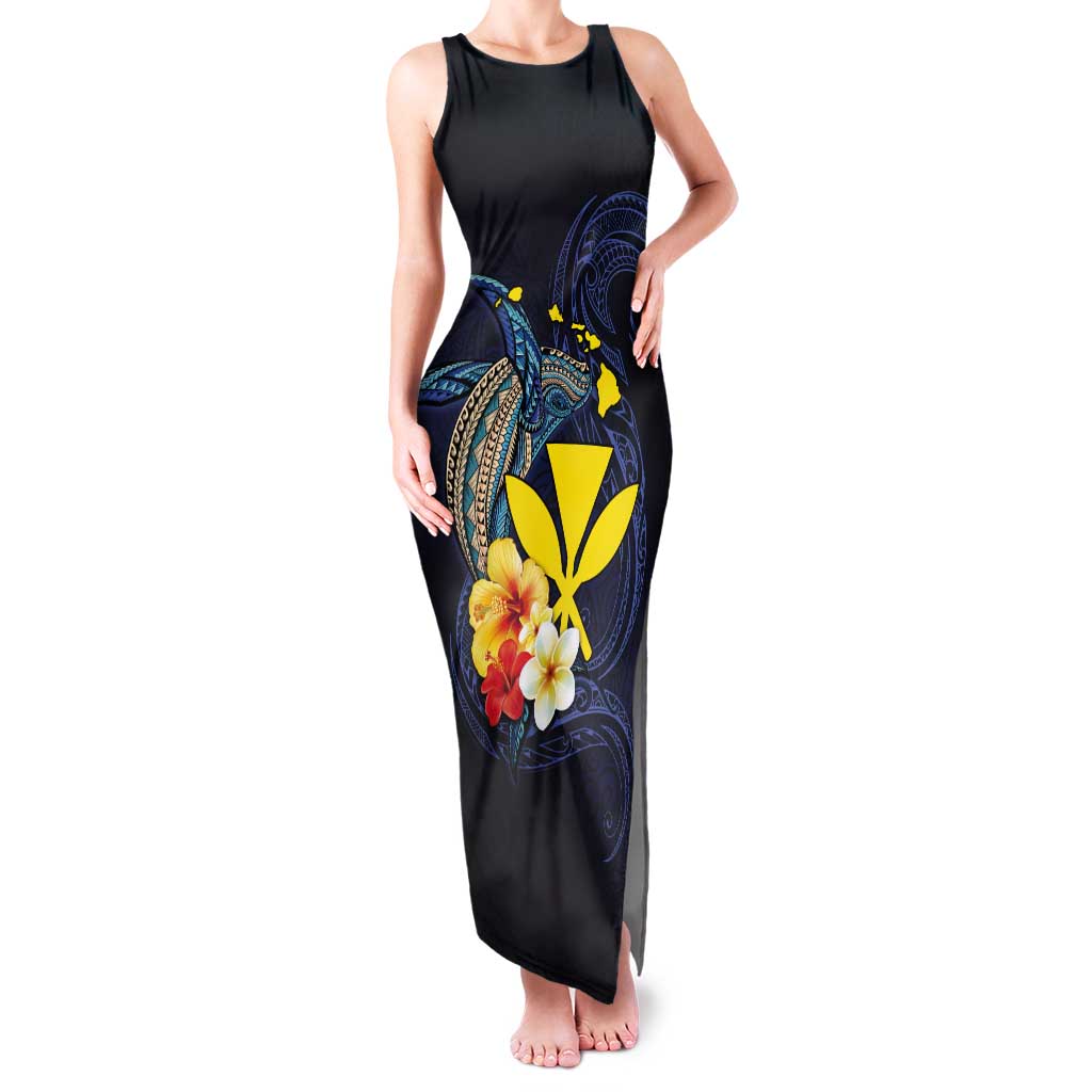 Hawaiian Whale and Kanaka Maoli Symbol Tank Maxi Dress Hibiscus with Hawaii Map and Polynesian Tattoo Deep Sea Color