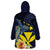 Hawaiian Whale and Kanaka Maoli Symbol Wearable Blanket Hoodie Hibiscus with Hawaii Map and Polynesian Tattoo Deep Sea Color