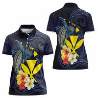Hawaiian Whale and Kanaka Maoli Symbol Women Polo Shirt Hibiscus with Hawaii Map and Polynesian Tattoo Deep Sea Color