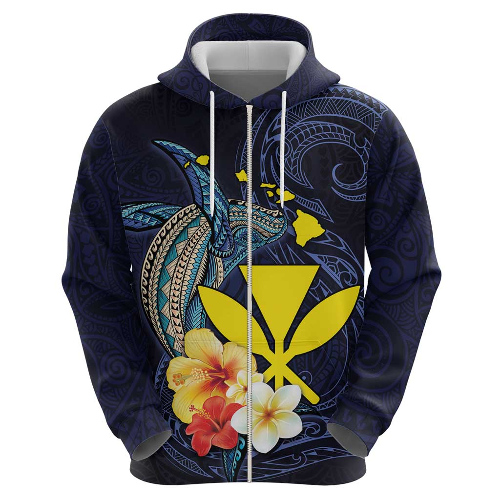 Hawaiian Whale and Kanaka Maoli Symbol Zip Hoodie Hibiscus with Hawaii Map and Polynesian Tattoo Deep Sea Color