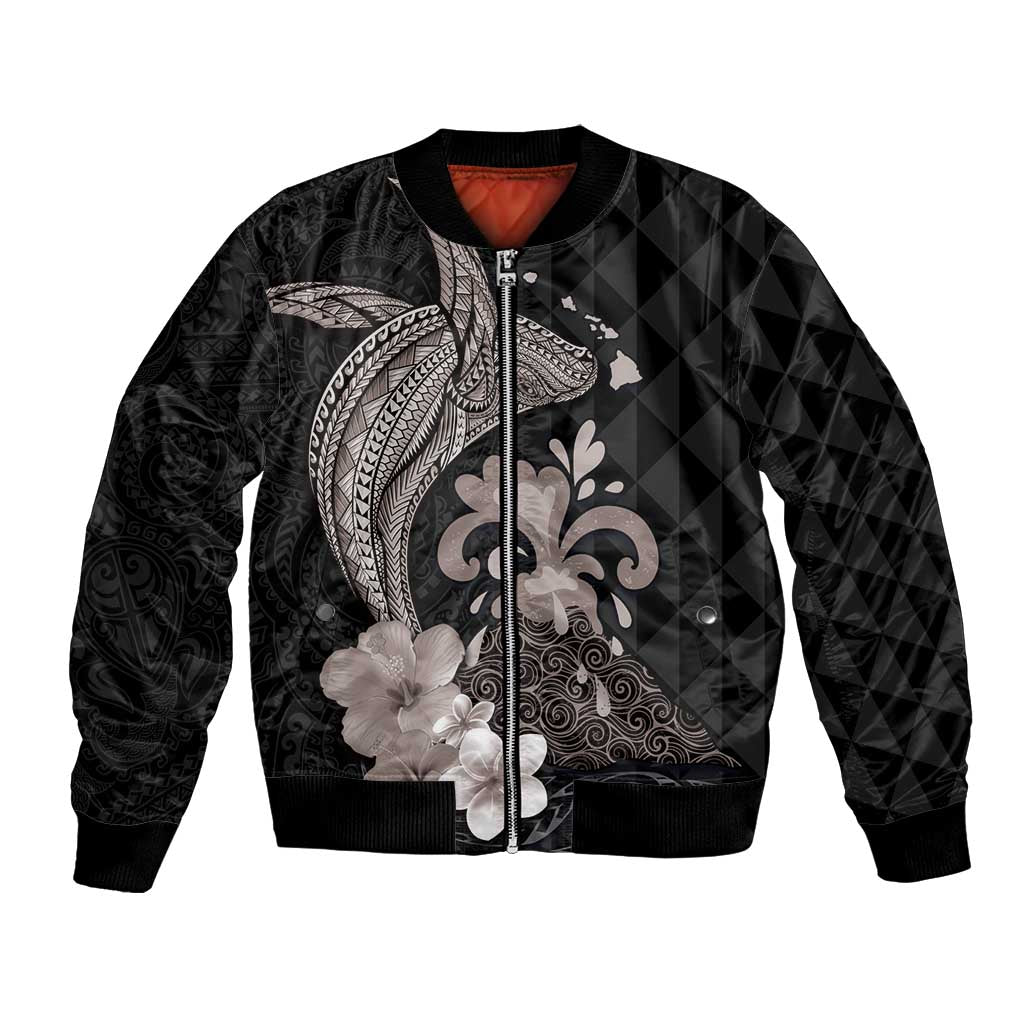 Hawaiian Whale and Volcanic Eruption Bomber Jacket Hibiscus and Kakau Pattern Grayscale Color