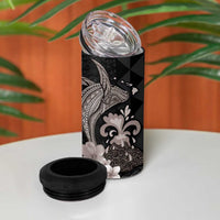 Hawaiian Whale and Volcanic Eruption 4 in 1 Can Cooler Tumbler Hibiscus and Kakau Pattern Grayscale Color