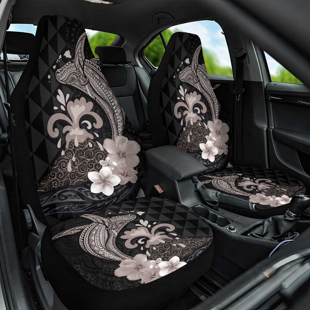 Hawaiian Whale and Volcanic Eruption Car Seat Cover Hibiscus and Kakau Pattern Grayscale Color