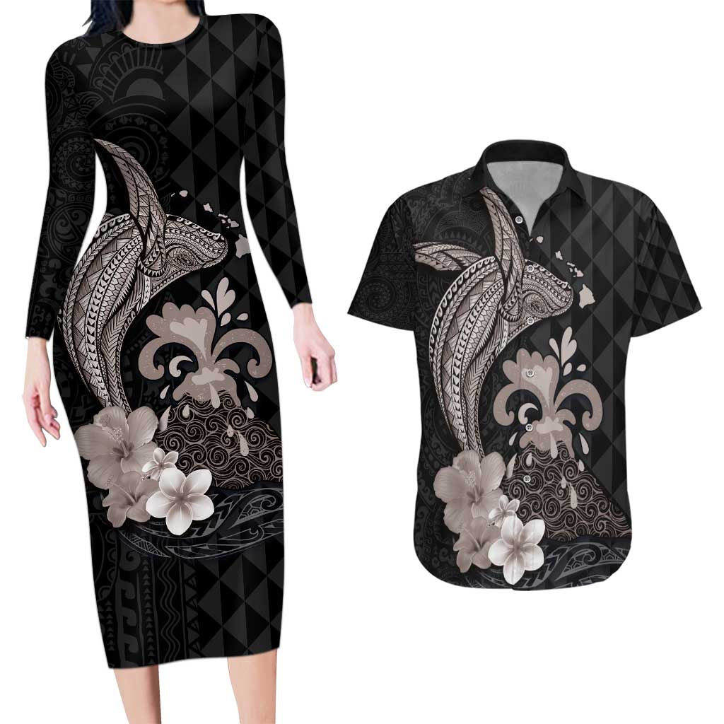 Hawaiian Whale and Volcanic Eruption Couples Matching Long Sleeve Bodycon Dress and Hawaiian Shirt Hibiscus and Kakau Pattern Grayscale Color LT03 Black - Polynesian Pride