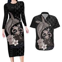 Hawaiian Whale and Volcanic Eruption Couples Matching Long Sleeve Bodycon Dress and Hawaiian Shirt Hibiscus and Kakau Pattern Grayscale Color LT03 Black - Polynesian Pride