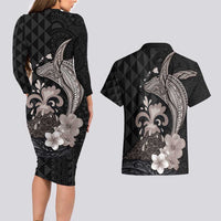 Hawaiian Whale and Volcanic Eruption Couples Matching Long Sleeve Bodycon Dress and Hawaiian Shirt Hibiscus and Kakau Pattern Grayscale Color LT03 - Polynesian Pride