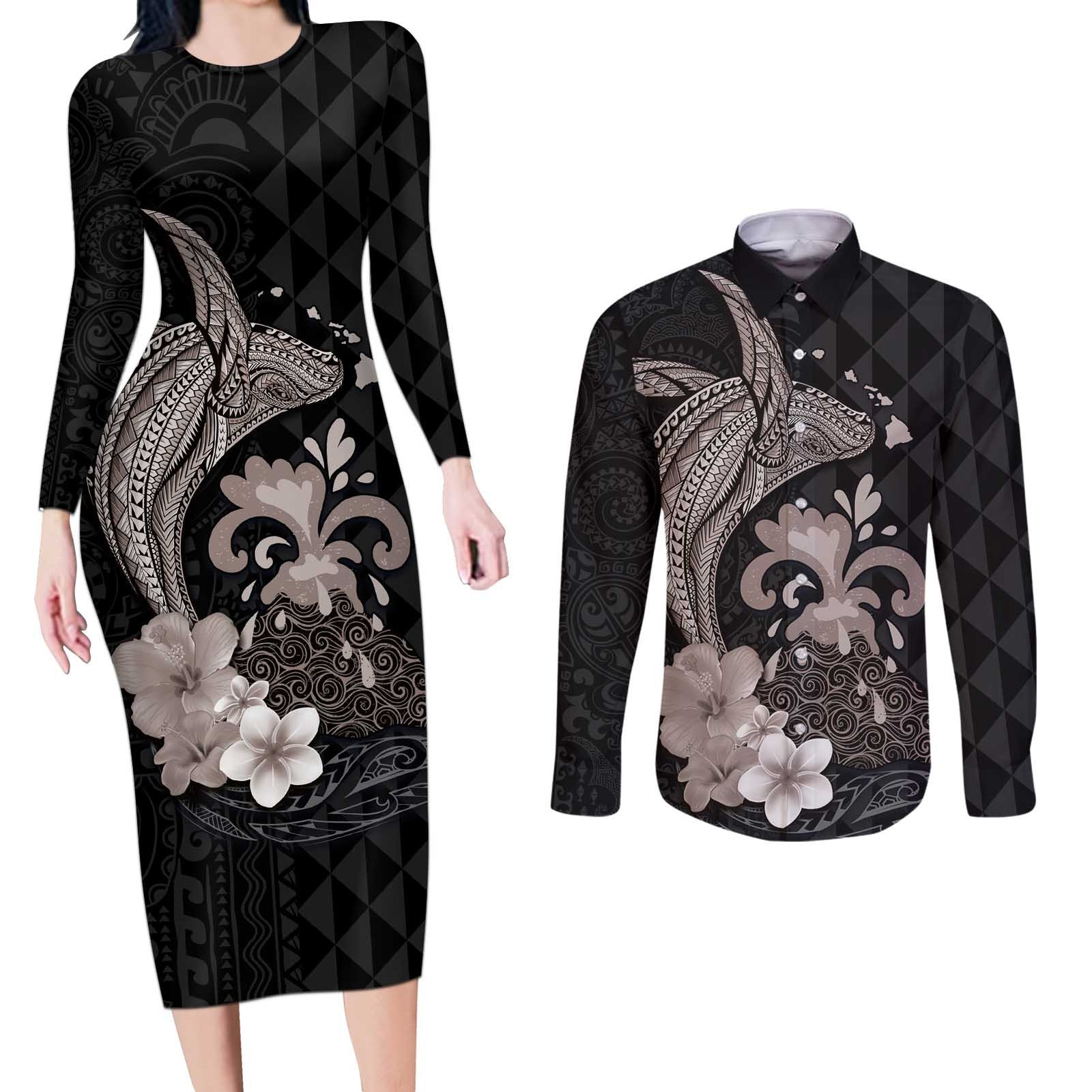 Hawaiian Whale and Volcanic Eruption Couples Matching Long Sleeve Bodycon Dress and Long Sleeve Button Shirt Hibiscus and Kakau Pattern Grayscale Color
