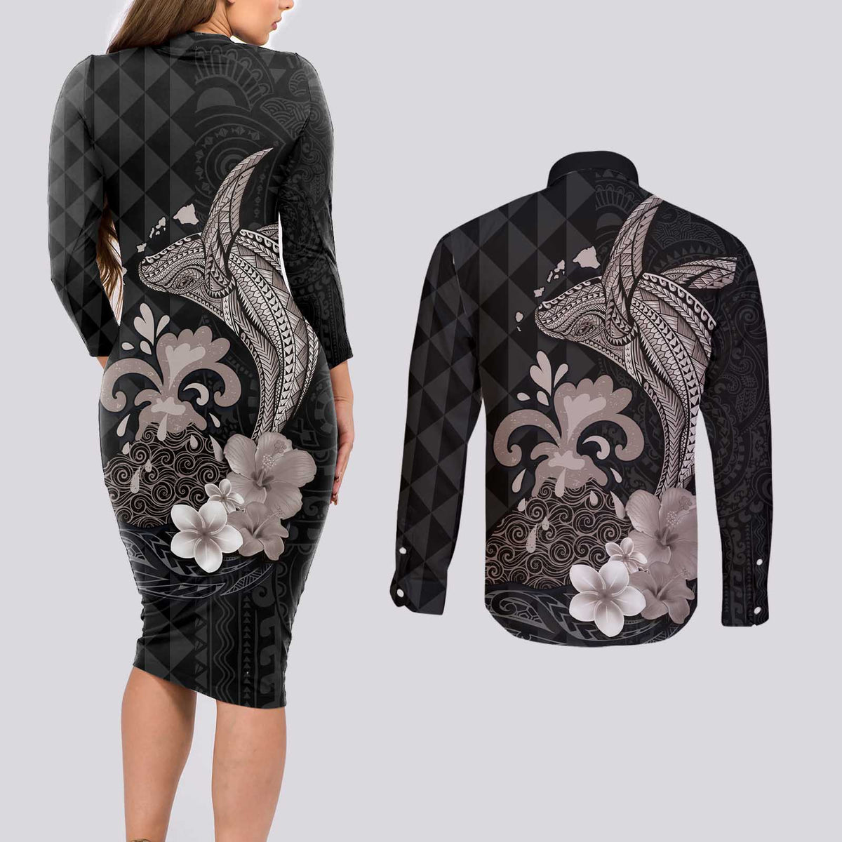 Hawaiian Whale and Volcanic Eruption Couples Matching Long Sleeve Bodycon Dress and Long Sleeve Button Shirt Hibiscus and Kakau Pattern Grayscale Color