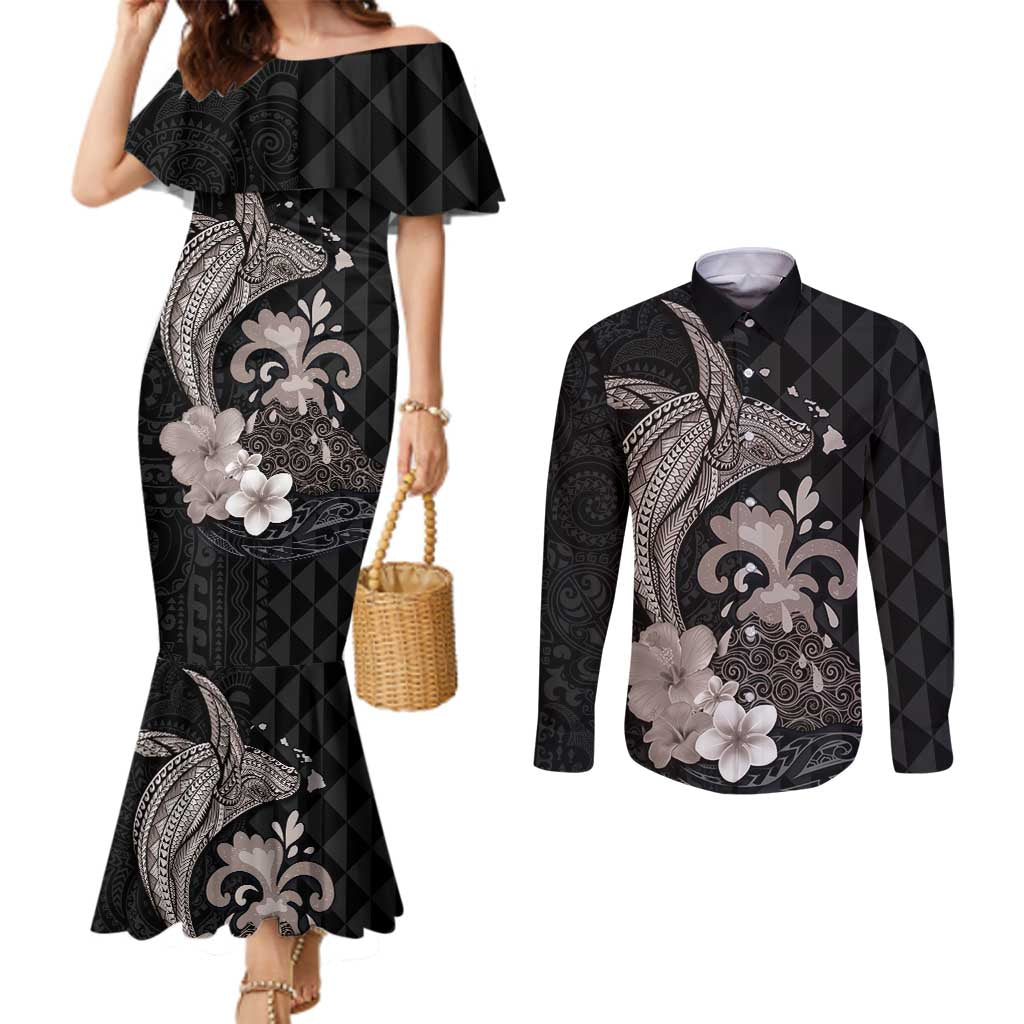 Hawaiian Whale and Volcanic Eruption Couples Matching Mermaid Dress and Long Sleeve Button Shirt Hibiscus and Kakau Pattern Grayscale Color