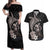 Hawaiian Whale and Volcanic Eruption Couples Matching Off Shoulder Maxi Dress and Hawaiian Shirt Hibiscus and Kakau Pattern Grayscale Color