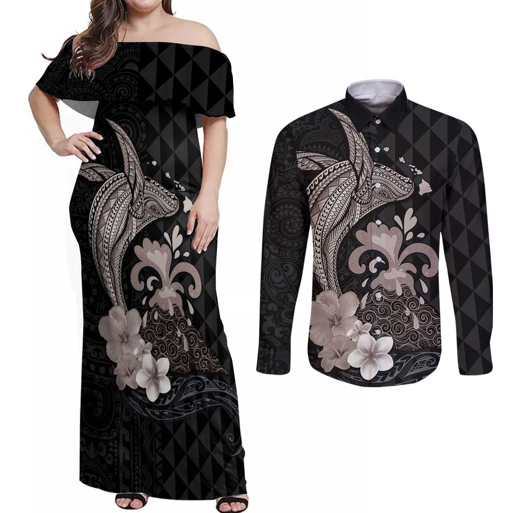 Hawaiian Whale and Volcanic Eruption Couples Matching Off Shoulder Maxi Dress and Long Sleeve Button Shirt Hibiscus and Kakau Pattern Grayscale Color