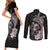 Hawaiian Whale and Volcanic Eruption Couples Matching Short Sleeve Bodycon Dress and Long Sleeve Button Shirt Hibiscus and Kakau Pattern Grayscale Color