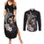 Hawaiian Whale and Volcanic Eruption Couples Matching Summer Maxi Dress and Long Sleeve Button Shirt Hibiscus and Kakau Pattern Grayscale Color