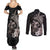 Hawaiian Whale and Volcanic Eruption Couples Matching Summer Maxi Dress and Long Sleeve Button Shirt Hibiscus and Kakau Pattern Grayscale Color