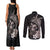 Hawaiian Whale and Volcanic Eruption Couples Matching Tank Maxi Dress and Long Sleeve Button Shirt Hibiscus and Kakau Pattern Grayscale Color
