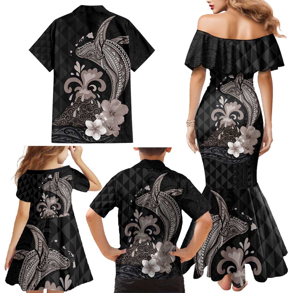 Hawaiian Whale and Volcanic Eruption Family Matching Mermaid Dress and Hawaiian Shirt Hibiscus and Kakau Pattern Grayscale Color